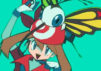 1girl absurdres aqua_background arm_up bandana beautifly blue_eyes brown_hair commentary_request eyelashes gen_3_pokemon gloves hair_between_eyes highres holding holding_poke_ball may_(pokemon) nintendo on_head ottoyamaotoko8 poke_ball poke_ball_(basic) pokemon pokemon_(anime) pokemon_(creature) pokemon_on_head pokemon_rse_(anime) red_bandana simple_background white_gloves