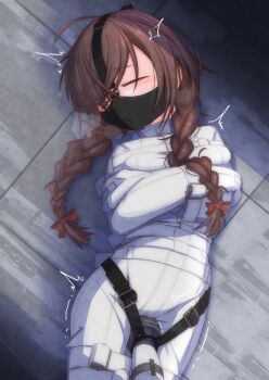 1girl ahoge arms_across_body arms_under_breasts bdsm belt_buckle bodysuit bound bound_arms bound_legs braid brown_hair buckle closed_eyes gag_harness gagged highres hitachi_magic_wand long_hair lying madotsuki menou_74 on_back sex_toy solo straitjacket twin_braids vibrator white_bodysuit yume_nikki