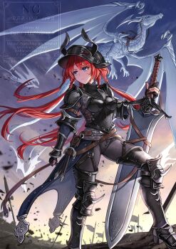 1girl absurdres animal armor armored_boots black_gloves black_helmet black_pants black_shirt blue_eyes boots breastplate closed_mouth cloud commentary_request dragon gloves helmet highres holding holding_sword holding_weapon huge_weapon knee_pads knight long_hair nekozuki_yuki original outdoors pants partially_fingerless_gloves red_hair reins shirt sky solo spikes sword thigh_boots very_long_hair watermark weapon