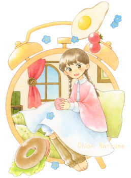 1girl alarm_clock braid brown_eyes brown_hair chiori_n clock colored_pencil_(medium) commentary_request cup dress fried_egg highres holding holding_cup leg_warmers long_hair looking_at_viewer open_mouth original sandwiched sitting smile solo toes traditional_media twin_braids