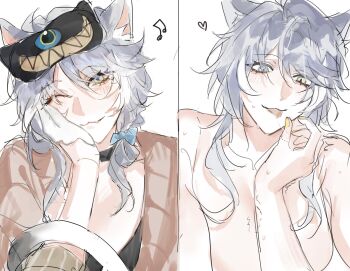 2girls aglaea_(honkai:_star_rail) alize_w00 animal_ears beamed_eighth_notes bite_mark bite_mark_on_hand breasts cat_ears cat_tail cipher_(honkai:_star_rail) cipher_(sweet_slumber)_(honkai:_star_rail) commentary gloves grey_hair hand_on_another&#039;s_face hashtag-only_commentary heart highres honkai:_star_rail honkai_(series) large_breasts long_hair multiple_girls musical_note official_alternate_costume one_eye_closed saliva saliva_trail simple_background slit_pupils smile sweat tail tongue tongue_out white_background white_gloves yellow_nails yuri