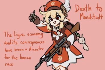 1girl backpack bag blonde_hair cap centurii-chan crazy_eyes crazy_smile dress english_text female_focus genshin_impact gloves gun hat holding holding_gun holding_weapon klee_(genshin_impact) looking_at_viewer medium_hair meme pink_hair pointy_ears red_eyes rifle simple_background smile solo standing unabomber weapon