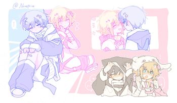 ! ... 2boys :d ^_^ alternate_costume alternate_eye_color alternate_hair_color animal_hat animal_hood arms_up back-to-back bandaged_arm bandages bandaid bandaid_on_hand bandaid_on_leg bare_arms basil_(faraway)_(omori) basil_(omori) black_eyes black_hair black_hat blonde_hair blue_background blue_eyes blush border bright_pupils cat_hood closed_eyes closed_mouth commentary cropped_torso dot_mouth dot_nose double-parted_bangs english_commentary face-to-face facing_another fingernails full_body hair_between_eyes hair_ornament hairclip half-closed_eyes hands_on_own_cheeks hands_on_own_face hands_on_own_knees hands_up hapr_(noneprice) hat heart highres holding_hands hood hood_up hooded_jacket interlocked_fingers jacket knees_up leg_warmers long_sleeves looking_at_another looking_back male_focus multiple_boys multiple_views nose_blush omori open_clothes open_jacket open_mouth outline outside_border pale_skin parallel_hairclips pink_background pink_shoes puffy_long_sleeves puffy_sleeves purple_eyes purple_hair purple_leg_warmers purple_shoes purple_sleeves rabbit_hair_ornament rabbit_hat raglan_sleeves shirt shoes short-sleeved_jacket short_hair short_sleeves shorts sidelocks simple_background sitting sleeves_past_wrists smile sparkle spoken_ellipsis spoken_expression sunny_(omori) twitter_username two-tone_background very_short_hair white_border white_hat white_jacket white_outline white_pupils white_shirt white_shorts