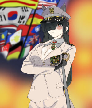 1girl animal_ears fox_ears hand_up hat highres hoshimi_miyabi image_sample jacket k3bbys long_hair medal military_hat military_jacket military_uniform one_eye_closed pixiv_sample red_eyes vietnam vietnam_war zenless_zone_zero