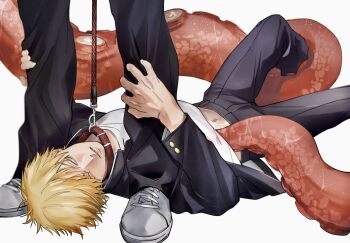 2boys black_pants blonde_hair chainsaw_man commentary_request denji_(chainsaw_man) gakuran highres leash leash_pull lying male_focus midriff multiple_boys navel on_back on_floor out_of_frame pants school_uniform sharp_teeth shirt shoes simple_background siraco_(sira5_3) standing teeth tentacles tentacles_on_male white_background white_shirt white_shoes yaoi yellow_eyes yoshida_hirofumi