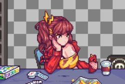 1girl animated assertive_female breasts cellphone cleavage crusaders_quest depmin flashing jacket jeomrye large_breasts long_hair mole mole_under_eye nipples one_breast_out phone pixel_art ponytail red_hair red_jacket smile table tank_top video