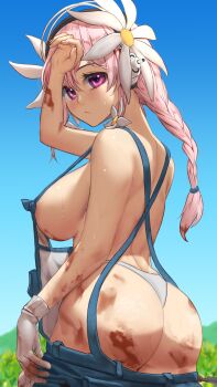 1girl absurdres arm_at_side arm_up ass blue_overalls blue_sky blush braco braid braided_ponytail breasts closed_mouth cowboy_shot day eyelashes female_focus fingernails flower from_behind gloves hair_flower hair_ornament highres huge_ass large_breasts long_hair looking_at_viewer looking_back matching_hair/eyes nitroplus no_bra outdoors overalls panties pink_eyes pink_hair serious sky solo standing super_sonico underwear white_gloves white_panties