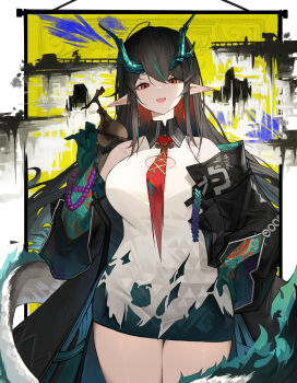 1girl absurdres arknights arm_tattoo bai_yao_(user_ygua7252) bead_bracelet beads black_hair bracelet breasts china_dress chinese_clothes cleavage_cutout clothing_cutout colored_skin cowboy_shot dragon_horns dragon_tail dress dusk_(arknights) earrings green_hair green_skin hand_on_own_hip highres holding holding_brush horns jewelry large_breasts long_sleeves multicolored_hair necktie open_mouth pointy_ears red_eyes red_necktie solo streaked_hair tail tassel tassel_earrings tattoo teeth thighs upper_teeth_only white_dress