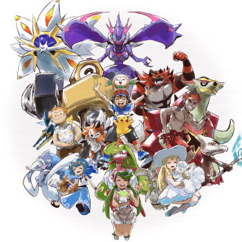 3boys 3girls :o absurdres alolan_form alolan_marowak alolan_vulpix alternate_color arm_up arms_up ash_ketchum baseball_cap black_hair black_sandals blue_fire blue_hair blue_pants blue_shirt blue_shoes bone bracelet brown_hair brown_shorts claws clenched_hand closed_eyes closed_mouth commentary_request dress eevee fire flower gen_1_pokemon gen_4_pokemon gen_7_pokemon green_hair green_headband green_shoes grey_overalls grey_pants hair_flower hair_ornament hairband hat headband highres holding holding_bone holding_pokemon incineroar jewelry kiawe_(pokemon) kneehighs lana_(pokemon) legendary_pokemon lillie_(pokemon) lycanroc lycanroc_(dusk) magearna mallow_(pokemon) mandibles melmetal multicolored_hair multiple_boys multiple_girls murasaki_no_ryuuki mythical_pokemon naganadel necklace nintendo nut_(hardware) on_head one-eyed open_mouth orange_hair overall_shorts overalls pants pikachu pink_flower pokemon pokemon_(anime) pokemon_(creature) pokemon_on_head pokemon_sm_(anime) primarina red_hair red_hat red_shorts robot rowlet sandals scarf sharp_teeth shaymin shaymin_(land) shiny_pokemon shirt shoes short_hair short_sleeves shorts shoulder_tattoo simple_background sleeveless sleeveless_dress sleeveless_shirt smile socks solgaleo sophocles_(pokemon) sun_hat t-shirt tattoo teeth togedemaru topless_male turtonator twintails two-tone_eyebrows two-tone_hair ultra_beast upper_teeth_only vikavolt white_background white_dress white_hat white_shirt white_socks wings yellow_eyes yellow_hairband yellow_scarf z-ring