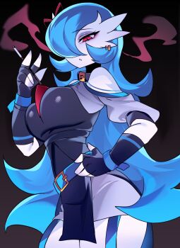 1girl absurdres belt black_gloves black_suit blue_belt blue_hair breasts chunniwa colored_skin formal_clothes gardevoir gen_3_pokemon gloves half-closed_eyes hand_on_own_hip highres holding holding_smoking_pipe jewelry long_eyelashes long_hair medium_breasts multicolored_skin nintendo open_mouth pokemon red_eyes skirt smoking_pipe suit thick_thighs thighs very_long_hair white_skin white_skirt wide_hips
