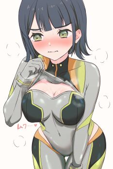 1girl :i absurdres averting_eyes black_hair blunt_bangs blush bob_cut bodysuit breasts cleavage cleavage_cutout clothing_cutout commentary cosplay covered_collarbone covered_navel cowboy_shot embarrassed flipped_hair gluteal_fold green_eyes grey_bodysuit heart highres hip_vent large_breasts link!_like!_love_live! looking_to_the_side love_live! momose_ginko momose_ginko_(gaming_event_cosplay) nose_blush official_alternate_costume pout short_hair simple_background skin_tight solo standing steaming_body thigh_gap virtual_youtuber wavy_mouth white_background zanpon