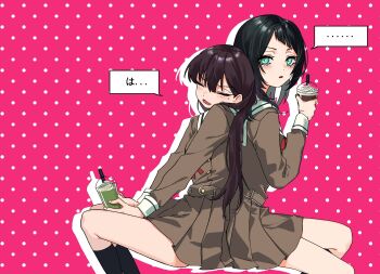 Rule 34 | 2girls, bang dream!, bang dream! it's mygo!!!!!, black hair, black socks, blush, brown dress, chinese commentary, closed eyes, commentary request, cup, cx6lc0, disposable cup, dress, highres, holding, holding cup, kneehighs, medium hair, mole, mole under eye, multiple girls, open mouth, pink hair, pleated dress, sailor collar, sailor dress, shiina taki, socks, white sailor collar, yahata umiri