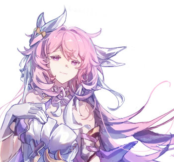 1girl bare_shoulders breasts chinese_commentary commentary_request corset diamond-shaped_pupils diamond_(shape) elysia_(herrscher_of_human:_ego)_(honkai_impact) elysia_(honkai_impact) gloves hair_ornament honkai_(series) honkai_impact_3rd large_breasts long_hair looking_at_viewer multicolored_hair pink_hair purple_eyes simple_background smile solo symbol-shaped_pupils triquetra two-tone_hair very_long_hair white_background white_corset white_gloves white_hair yu_yu_mao_yeshi_yu