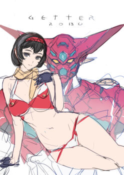 1girl ban!_(bansankan) bikini black_hair breasts copyright_name getter-1 getter_robo getter_robo_(classic) lying mecha medium_breasts on_side redesign robot saotome_michiru science_fiction short_hair sketch super_robot swimsuit unfinished white_background white_bikini yellow_eyes