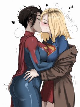 2girls absurdres alternate_breast_size_(larger) ass asymmetrical_docking black_eyeshadow black_hair blonde_hair blue_leotard blush breast_press breasts brown_coat cape closed_eyes coat coat_partially_removed commentary cowboy_shot dc_comics dc_extended_universe dc_universe_(franchise) english_commentary eyeshadow french_kiss gy_beth hand_on_another's_ass hand_on_another's_waist heart highres kiss large_breasts leotard makeup medium_hair multicolored_hair multiple_girls red_cape red_skirt selfcest short_hair signature skirt streaked_hair supergirl superhero_costume superman_(2025) superman_(series) sweatdrop the_flash_(movie) thighs trembling white_background yuri