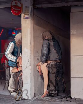 3boys alterkyon ass black_hair clothes_pull commentary cum cum_on_ass cum_on_body cum_on_feet cum_on_floor cum_on_legs cum_on_wall cum_overflow english_commentary english_text fellatio glory_wall going_to_colombia_for_the_food_and_culture_(meme) grey_hair group_sex highres long_hair magicorps_(alterkyon) male_focus meme messy_hair mmm_threesome multiple_boys narrow_waist oral pants pants_pull penis pink_hair pleated_skirt public_use revision ribbon sex sex_from_behind skirt spitroast spread_legs standing standing_sex stuck tadakuni_(alterkyon) thighs threesome through_wall tiptoes trap white_ribbon yaoi
