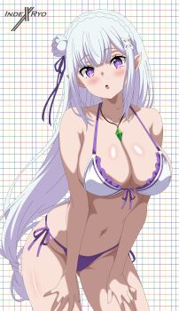 1girl absurdres artist_logo artist_name bikini breasts commentary elf emilia_(re:zero) english_commentary highres indexxryo large_breasts logo long_hair looking_at_viewer navel open_mouth pointy_ears purple_eyes re:zero_kara_hajimeru_isekai_seikatsu standing stomach swimsuit white_hair