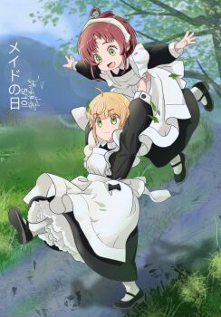 2girls :3 ahoge aisha_greyrat apron black_dress black_footwear blurry blurry_background child closed_mouth dated dress fang flat_chest grass green_eyes hair_between_eyes highres lifting_person luoqixi373925 maid maid_apron maid_headdress mountainous_horizon multiple_girls mushoku_tensei norn_greyrat open_mouth path road siblings signature sisters smile socks standing standing_on_one_leg tree white_apron white_socks