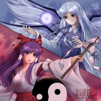 2girls absurdres album_cover artist_name bow breasts closed_mouth commentary cover detached_sleeves dillydrawings dress english_commentary feathered_wings gohei grey_hair hair_bow hair_tubes hakama hakurei_reimu hakurei_reimu_(pc-98) highres holding holding_gohei japanese_clothes kimono long_hair long_sleeves medium_breasts miko multiple_girls multiple_wings open_mouth orb parted_bangs pinafore_dress purple_dress purple_eyes purple_hair red_bow red_eyes red_hakama sariel_(touhou) seraph sleeveless sleeveless_dress smile split_screen swept_bangs touhou touhou_(pc-98) very_long_hair white_kimono white_sleeves wide_sleeves wings yin_yang yin_yang_orb