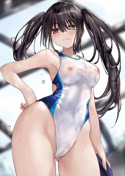 1girl armpits asle black_hair blue_one-piece_swimsuit breasts cameltoe clock_eyes closed_mouth comiket_104 covered_erect_nipples cowboy_shot date_a_live gluteal_fold groin hair_between_eyes hand_on_own_hip heterochromia indoors large_breasts long_hair looking_at_viewer multicolored_swimsuit one-piece_swimsuit red_eyes see-through_clothes see-through_one-piece_swimsuit smile swimsuit symbol-shaped_pupils thighs tokisaki_kurumi twintails uneven_twintails wet white_one-piece_swimsuit yellow_eyes