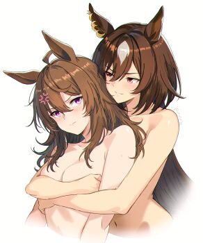 2girls animal_ears artist_name breasts brown_hair cleavage commentary_request completely_nude hair_between_eyes highres horse_ears horse_girl hug hug_from_behind looking_at_another medium_breasts multiple_girls nakayama_festa_(umamusume) navel nude purple_eyes sirius_symboli_(umamusume) umamusume urururike v-shaped_eyebrows yellow_eyes yuri