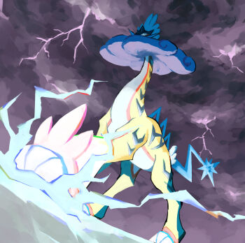 absurdres cloud cloudy_sky commentary_request electricity eve_malus forked_tail from_below full_body highres lightning long_neck looking_at_viewer mane nintendo no_humans pokemon pokemon_(creature) pokemon_focus purple_fur raging_bolt sauropod sky solo storm_cloud striped_fur tail thunderstorm white_eyes