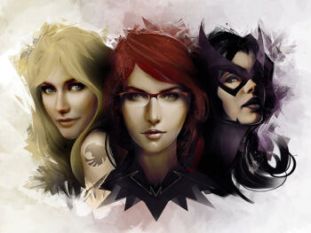 3girls barbara_gordon batman_(series) black_canary black_hair blonde_hair dc_comics glasses gradient_background green_eyes helena_bertinelli huntress_(dc) mask multiple_girls oracle oracle_(dc) red-framed_eyewear red_hair semi-rimless_eyewear tattoo