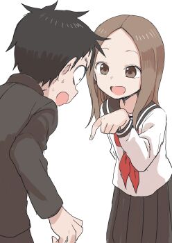 Rule 34 | 10s, 1boy, 1girl, :d, absurdres, black hair, black jacket, black sailor collar, black skirt, brown eyes, brown hair, highres, jacket, karakai jouzu no takagi-san, long hair, long sleeves, looking at another, neckerchief, nishikata, open mouth, parted bangs, pleated skirt, pointing, pointing down, red neckerchief, sailor collar, sanpaku, school uniform, serafuku, shirt, simple background, skirt, smile, standing, sweatdrop, white background, white shirt, wide-eyed, yamamoto souichirou