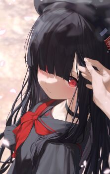 1girl absurdres black_choker black_gloves black_hair black_hat black_sailor_collar black_serafuku black_shirt blue_archive blunt_bangs blush choker closed_mouth gloves hair_over_eyes hand_in_another's_hair hat highres justice_task_force_member_(blue_archive) kuchisode long_hair looking_at_viewer pov red_eyes red_ribbon ribbon sailor_collar school_uniform serafuku shirt sidelocks