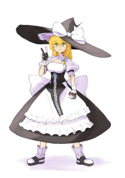 1girl absurdres black_gloves black_hat black_sandals black_skirt blackmznight blonde_hair bow braid breasts commentary_request cookie_(touhou) frilled_hat frills full_body gloves green_eyes grin hair_bow hat highres holding holding_poke_ball kirisame_marisa long_hair looking_at_viewer mars_(cookie) medium_breasts nintendo partially_fingerless_gloves poke_ball pokemon puffy_short_sleeves puffy_sleeves sandals shirt short_sleeves side_braid simple_background single_braid skirt smile socks solo standing touhou v white_background white_shirt white_socks witch_hat