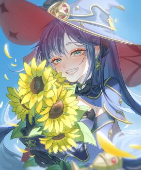 1girl blue_hat flower genshin_impact happy hat hat_ornament highres kizumi_(kizumi_tbdi1011) mona_(genshin_impact) ponytail_holder smile solo_focus twintails witch_hat