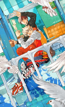 2boys bakugou_katsuki bird black_pants blonde_hair boku_no_hero_academia commentary_request highres long_sleeves male_focus middle_finger multicolored_hair multiple_boys orange_pants outdoors pants railing red_eyes sashiyu scar scar_on_face shirt shoes short_hair sneakers spiked_hair todoroki_shoto two-tone_hair watch white_bird white_shirt wristwatch