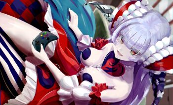 1girl blunt_bangs breasts controller detached_sleeves gradient_eyes hair_ornament high-waist_skirt highres holding horns kyoumu_(huangf91) long_hair looking_at_viewer luxuria_(magicami) magicami medium_breasts multicolored_eyes pasties red_eyes red_skirt sidelocks silver_hair single_thighhigh sitting skirt smile thighhighs thighs