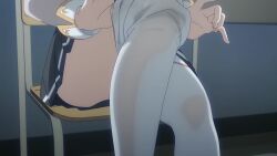 1girl alisa_mikhailovna_kujou animated anime_screenshot chair grey_jacket head_out_of_frame highres jacket long_hair school_uniform sitting sound tagme thigh_focus thighhighs thighhighs_pull thighs tokidoki_bosotto_roshia-go_de_dereru_tonari_no_alya-san video wet_thighhighs white_thighhighs