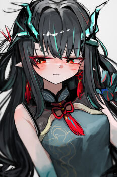 1girl aqua_hair arknights bare_shoulders black_hair blush closed_mouth colored_extremities commentary dragon_girl dragon_horns dusk_(arknights) dusk_(everything_is_a_miracle)_(arknights) earrings grey_background hand_up highres horns jewelry kari90909 long_hair multicolored_hair neck_tassel official_alternate_costume pointy_ears red_eyes simple_background solo streaked_hair tassel tassel_earrings