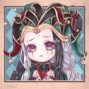 Rule 34 | 1girl, argyle background, beads, black gloves, black nails, blue background, border, brown eyes, chibi, chinese commentary, closed mouth, commentary, crying, crying with eyes open, fingerless gloves, forehead, frown, gloves, grey hair, hair beads, hair half over shoulder, hair ornament, hands on own chest, hat, hat bell, highres, jester, jester cap, joker &amp; diamond mask (miracle nikki), lan sing, lipstick, long hair, looking ahead, looking at viewer, low twintails, makeup, mascara, miracle nikki, mole, mole under eye, multicolored hat, nail polish, neck ruff, nikki (series), orange border, outside border, pink lips, sad, signature, solo, teardrop, tears, twintails