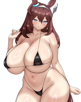 1girl a-sui absurdres ahoge alternate_breast_size_(larger) animal_ears bikini black_bikini blue_eyes blush breasts brown_hair cameltoe closed_mouth collarbone commentary_request cowboy_shot curvy double-parted_bangs grey_hairband hair_between_eyes hairband hand_up highres horse_ears horse_girl horse_tail huge_breasts long_hair looking_at_viewer micro_bikini mihono_bourbon_(umamusume) navel simple_background smile solo string_bikini swimsuit tail thick_thighs thighs umamusume white_background wide_hips