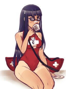 Rule 34 | 10s, 1girl, alternate costume, artist name, bare shoulders, baywatch, commentary, cup, drinking, female focus, flag print, groin, highleg, highleg one-piece swimsuit, iahfy, jewelry, kill la kill, kiryuuin satsuki, lifeguard, long hair, looking at viewer, mug, necklace, one-piece swimsuit, pendant, red one-piece swimsuit, romaji text, simple background, solo, sunglasses, swimsuit, swiss flag, tan, tanline, white background