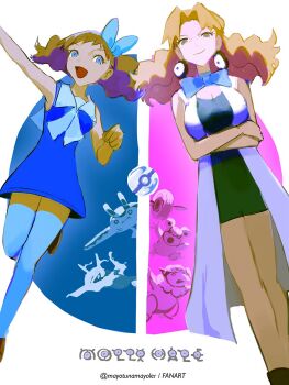 1girl aged_up blonde_hair blue_bow blue_dress blue_eyes bow breasts cleavage closed_mouth dress flaaffy gen_2_pokemon hair_bow highres kingdra large_breasts long_hair mantine mayotsunamayo molly_hale nintendo open_mouth phanpy pokemon pokemon_(anime) pokemon_(classic_anime) pokemon_(creature) pokemon_3:_the_movie_-_spell_of_the_unown:_entei smile teddiursa thighhighs unown white_thighhighs