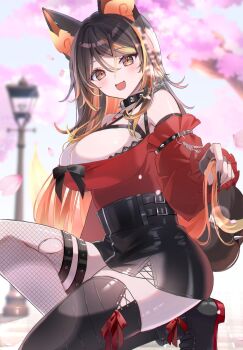 1girl alternate_costume animal_ear_fluff animal_ears asymmetrical_legwear bare_shoulders black_boots black_collar black_nails black_skirt black_thighhighs blush boots breasts brown_eyes brown_fur brown_hair cherry_blossoms chest_harness cleavage collar commentary detached_sleeves fingernails fishnet_thighhighs fishnets hair_between_eyes harness high-waist_skirt highres hitotugi_01 indie_virtual_youtuber kneeling large_breasts long_fingernails long_hair looking_at_viewer multicolored_hair open_mouth orange_hair red_shirt shirt shirt_tucked_in sinder_(vtuber) sinder_(vtuber)_(sinder_2.0) skirt smile solo spiked_collar spikes streaked_hair symbol-only_commentary tail thick_thighs thigh_strap thighhighs thighs virtual_youtuber wolf_ears wolf_girl wolf_tail