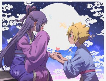 1boy 1girl ariamikukanzaki blonde_hair blush boruto:_naruto_next_generations braid commentary crown_braid facial_mark flying_sweatdrops hair_rings hand_grab heart hetero japanese_clothes kakei_sumire kimono naruto_(series) obi purple_hair purple_kimono sash signature sitting sleeves_past_fingers sleeves_past_wrists smile sparkle sparkling_aura uzumaki_boruto whisker_markings wide_sleeves