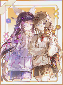 2girls absurdres alternate_costume arm_across_waist backpack bag black_hair black_skirt blue_eyes bow brown_hair brown_sweater character_charm charm_(object) chinese_commentary closed_mouth collared_shirt columbina_(genshin_impact) commentary_request contemporary cowboy_shot eyepatch genshin_impact gradient_hair hair_bow hair_intakes hair_ornament hairclip hands_on_own_face hands_up head_wings headband headdress highres holding holding_phone iron_hailai long_hair long_sleeves looking_at_viewer low-tied_sidelocks multicolored_hair multiple_girls phone pink_hair pink_nails pink_skirt purple_eyes purple_sweater ribbon sandrone_(genshin_impact) selfie shirt shirt_bow sidelocks skirt smile sweater thighhighs two-tone_hair very_long_hair white_thighhighs wings yellow_nails