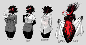 1girl abby_(za1f0n) absurdres arms_behind_back black_hair blood breasts collared_shirt colored_sclera curtain_call_challenge_(meme) eldritch_abomination extra_eyes extra_mouth eyewear_on_head flashing formal_clothes gloves grey_background happy heart heart-shaped_pupils highres long_sleeves looking_at_viewer medium_breasts meme monster_girl navel nude open_clothes open_shirt original red_eyes red_sclera shirt simple_background skirt sleeves_past_wrists sparkle suit sunglasses symbol-shaped_pupils tented_shirt tongue tongue_out white_gloves white_shirt za1f0n