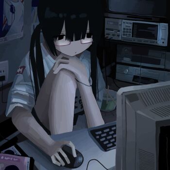1girl at_computer black_eyes black_hair blunt_bangs chopsticks closed_mouth computer computer_keyboard computer_mouse dark_room double-parted_bangs electric_plug electrical_outlet glasses hand_on_own_knee highres holding holding_computer_mouse indoors instant_cup_noodles instant_noodles knee_up long_hair looking_at_object mikami6_6 monitor original poster_(object) purple-framed_eyewear rectangular_eyewear semi-rimless_eyewear shirt short_sleeves sitting solo t-shirt table twintails under-rim_eyewear upper_body white_shirt wristband