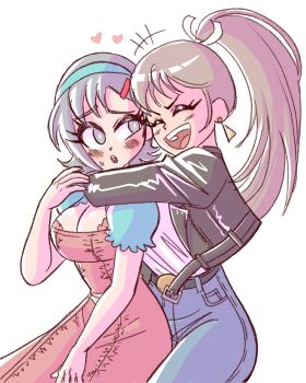 2girls alternate_costume blush bra breasts commission dress earrings fatal_fury happy heart highres hug implied_bisexual implied_yuri iroha_(samurai_spirits) jacket jaliet_exe jewelry large_breasts multiple_girls official_alternate_costume samurai_spirits shiranui_mai shy snk sweatdrop the_king_of_fighters underwear yuri