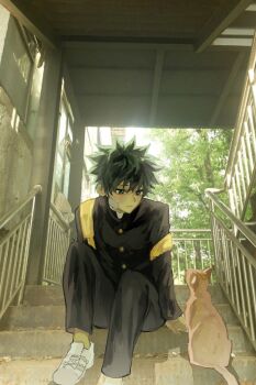 1boy backpack bag bandaid bandaid_on_face black_pants boku_no_hero_academia buttons cat closed_mouth commentary_request day gakuran green_eyes green_hair highres korean_commentary looking_at_animal male_focus midoriya_izuku orange_cat pants sace0107 school_uniform shoes short_hair sitting sitting_on_stairs solo stairs tree white_shoes