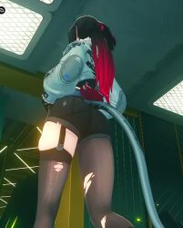 1girl 3d animated ass black_hair blue_jacket from_below fur-trimmed_jacket fur_trim bad_tag jacket jane_doe_(zenless_zone_zero) jiggle multicolored_hair pantyhose red_hair screencap tagme video video_game walking zenless_zone_zero