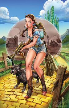 1girl artist_name belt blue_shirt blue_shorts blue_sky boots brown_belt brown_boots brown_eyes brown_hair checkered_clothes checkered_shirt cloud cowboy_boots day denim denim_overalls denim_shorts dog dorothy_gale fence grass gun highres holding holding_gun holding_weapon j._scott_campbell outdoors overall_shorts overalls path road shirt short_shorts short_sleeves shorts signature sky the_wizard_of_oz two-tone_shirt watermark weapon web_address white_shirt wooden_fence yellow_brick_road