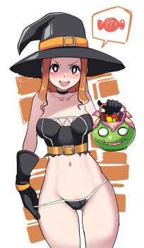 1girl absurdres bare_shoulders belt choker collarbone digimon digimon_adventure female_focus gloves halloween halloween_bucket halloween_costume hat highres looking_at_viewer navel open_mouth pabsmikan panties simple_background standing stomach tachikawa_mimi teeth thighs tongue underwear upper_teeth_only white_background witch_hat