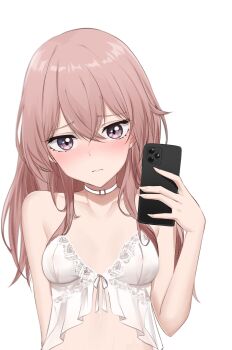 Rule 34 | 1girl, babydoll, bare arms, bare shoulders, blush, breasts, cellphone, choker, closed mouth, embarrassed, feint721, female focus, frown, highres, holding, inui sajuna, iphone, iphone 11 pro, long hair, looking at viewer, medium breasts, nipples, nose blush, phone, pink hair, purple eyes, see-through clothes, selfie, smartphone, solo, sono bisque doll wa koi wo suru, thigh strap, thighs, underwear, underwear only, upper body, white choker